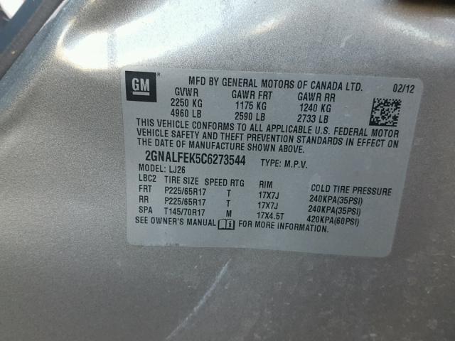 2GNALFEK5C6273544 - 2012 CHEVROLET EQUINOX LT GRAY photo 10