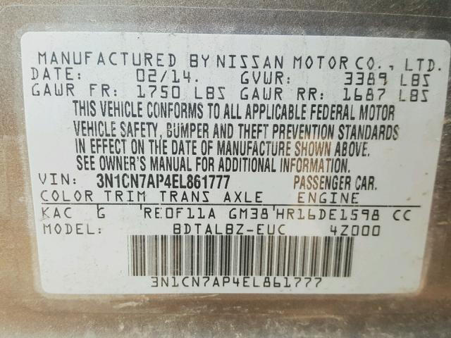 3N1CN7AP4EL861777 - 2014 NISSAN VERSA S GRAY photo 10