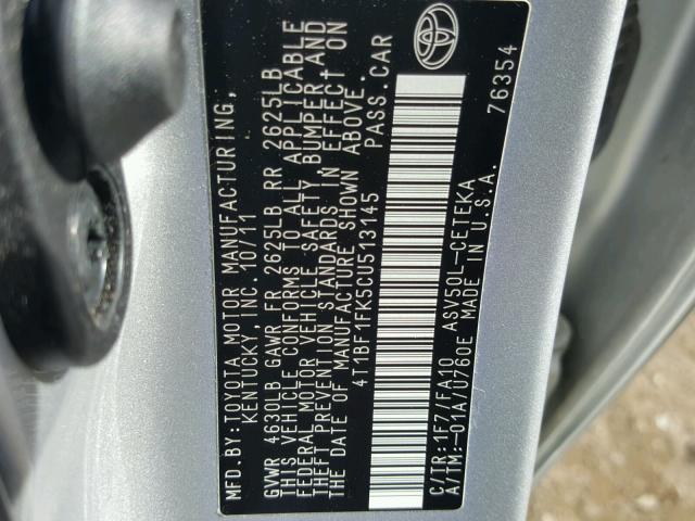 4T1BF1FK5CU513145 - 2012 TOYOTA CAMRY BASE SILVER photo 10