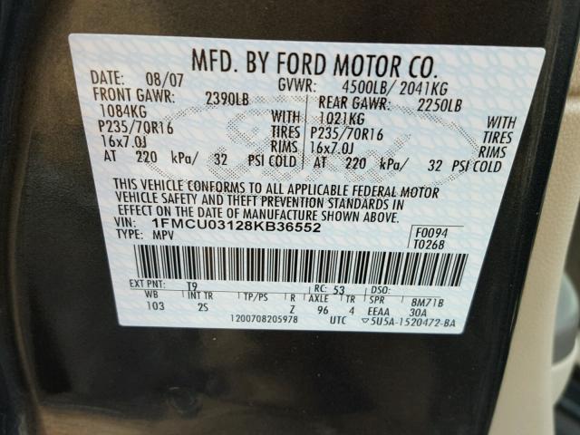 1FMCU03128KB36552 - 2008 FORD ESCAPE XLT GRAY photo 10