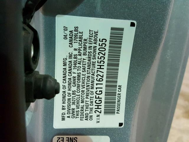 2HGFG11627H552055 - 2007 HONDA CIVIC LX SILVER photo 10