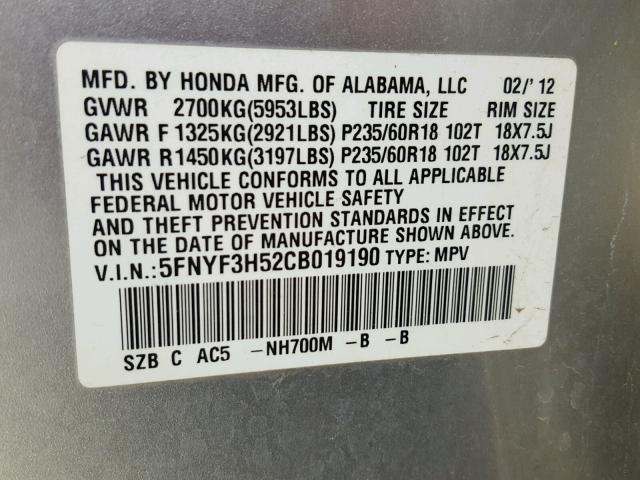 5FNYF3H52CB019190 - 2012 HONDA PILOT EXL SILVER photo 10