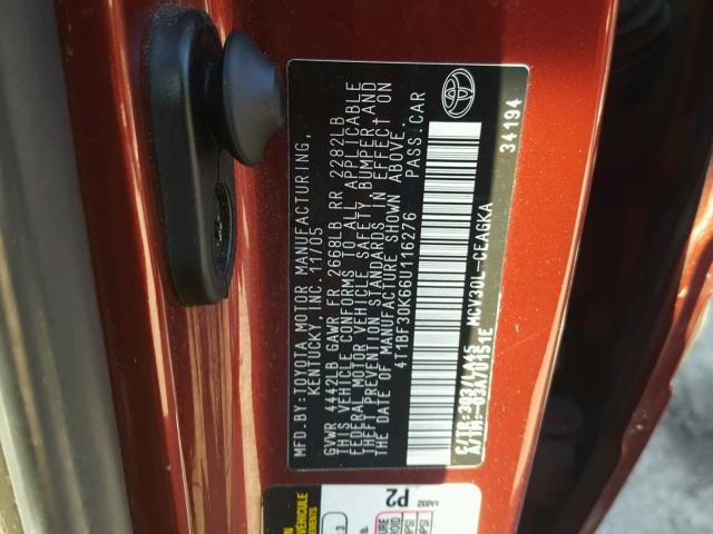 4T1BF30K66U116276 - 2006 TOYOTA CAMRY LE RED photo 10