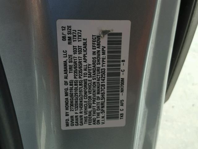 5FNRL5H67CB142503 - 2012 HONDA ODYSSEY EX SILVER photo 10