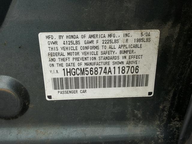 1HGCM56874A118706 - 2004 HONDA ACCORD EX GREEN photo 10