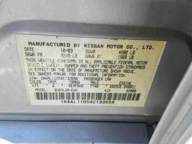 1N4AL11D54C133558 - 2004 NISSAN ALTIMA BAS SILVER photo 10