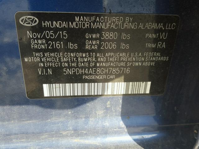 5NPDH4AE8GH785716 - 2016 HYUNDAI ELANTRA SE BLUE photo 10