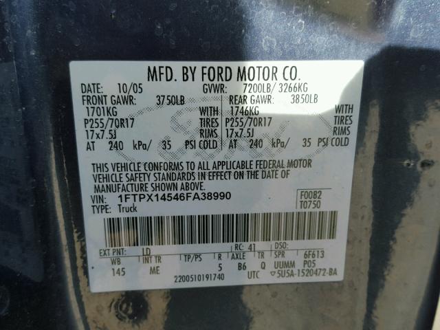 1FTPX14546FA38990 - 2006 FORD F150 BLUE photo 10