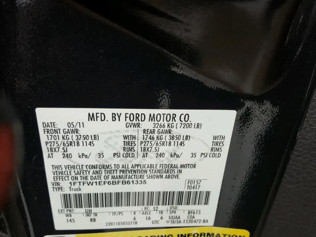 1FTFW1EF6BFB61335 - 2011 FORD F150 SUPER BLACK photo 10