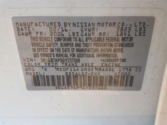 3N1AB7AP9GY237088 - 2016 NISSAN SENTRA S WHITE photo 10