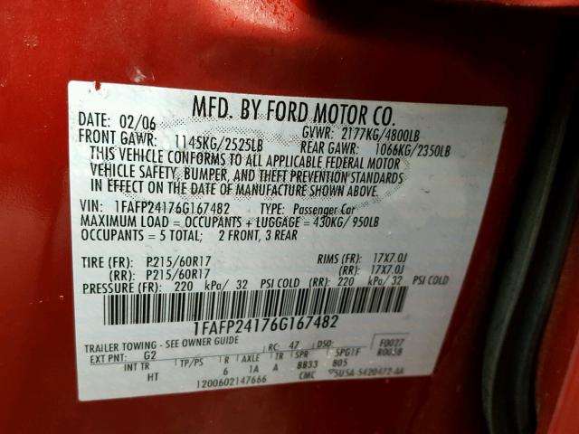 1FAFP24176G167482 - 2006 FORD FIVE HUNDR BURGUNDY photo 10