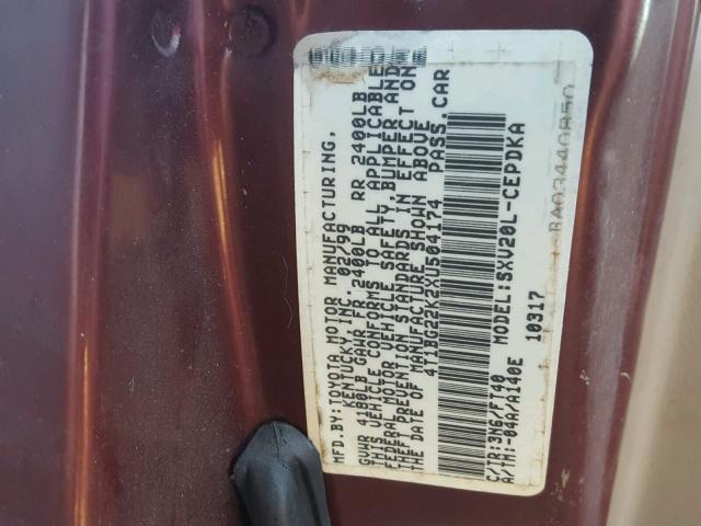 JT2BG22K5X0377487 - 1999 TOYOTA CAMRY LE MAROON photo 10