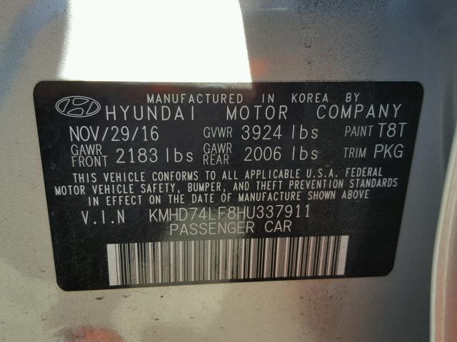 KMHD74LF8HU337911 - 2017 HYUNDAI ELANTRA SE SILVER photo 10