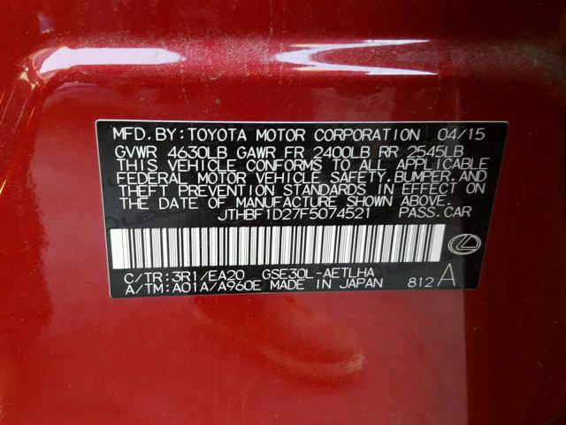 JTHBF1D27F5074521 - 2015 LEXUS IS 250 RED photo 10