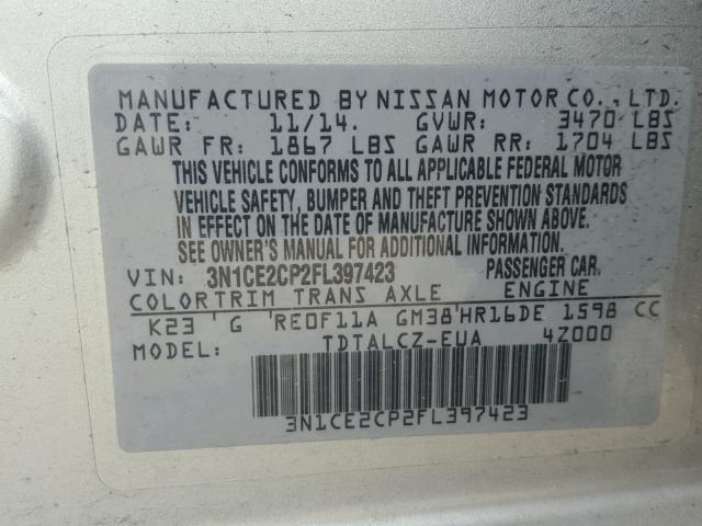 3N1CE2CP2FL397423 - 2015 NISSAN VERSA NOTE SILVER photo 10