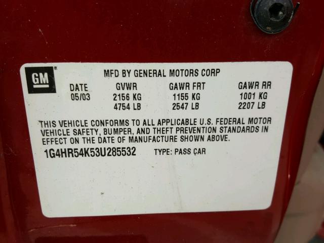 1G4HR54K53U285532 - 2003 BUICK LESABRE LI RED photo 10