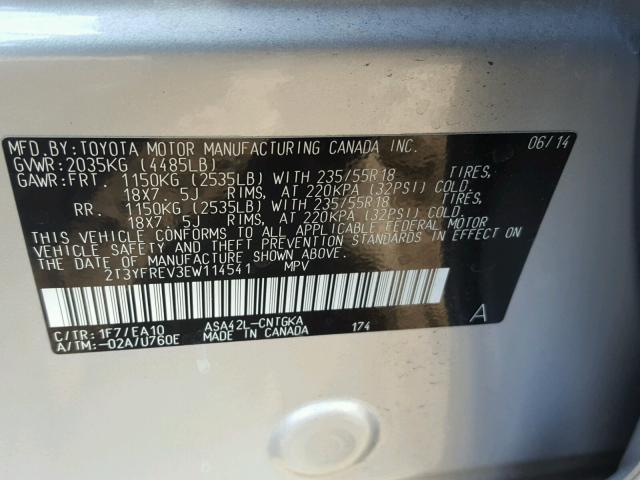 2T3YFREV3EW114541 - 2014 TOYOTA RAV4 LIMIT SILVER photo 10