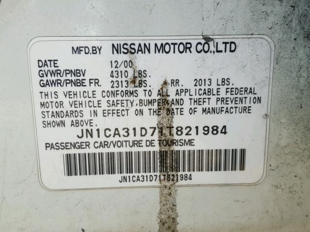 JN1CA31D71T821984 - 2001 NISSAN MAXIMA GXE WHITE photo 10