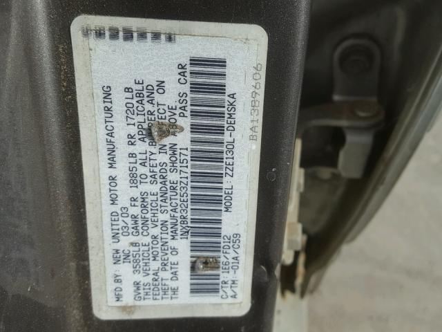 1NXBR32E53Z171571 - 2003 TOYOTA COROLLA CE GRAY photo 10