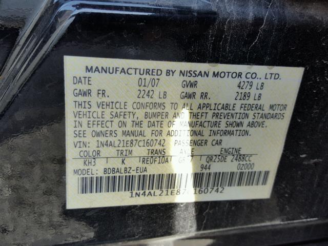 1N4AL21E87C160742 - 2007 NISSAN ALTIMA 2.5 BLUE photo 10