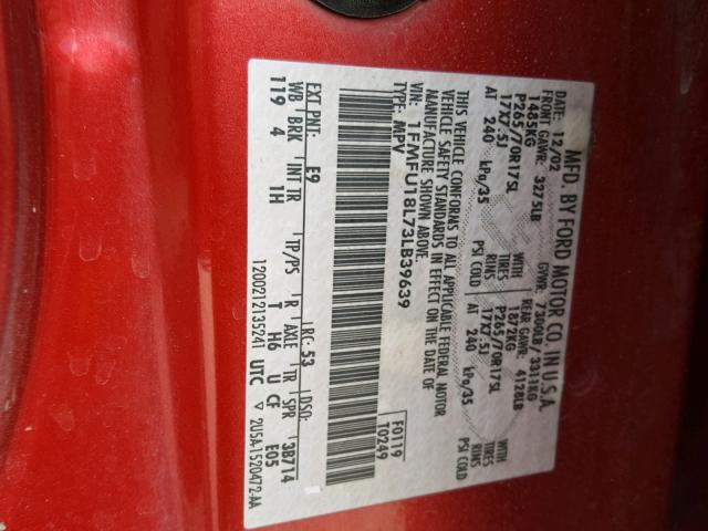 1FMFU18L73LB39639 - 2003 FORD EXPEDITION RED photo 10