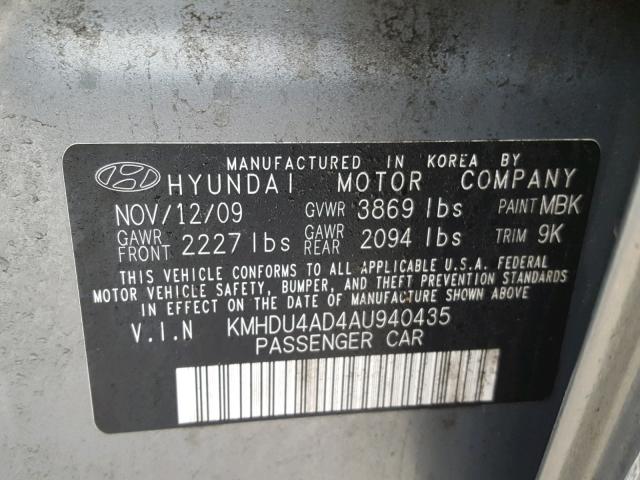 KMHDU4AD4AU940435 - 2010 HYUNDAI ELANTRA BL GRAY photo 10