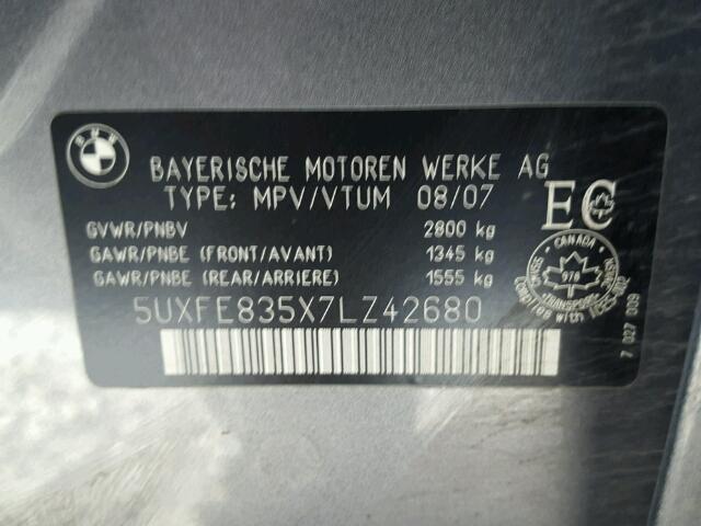 5UXFE835X7LZ42680 - 2007 BMW X5 4.8I GRAY photo 10