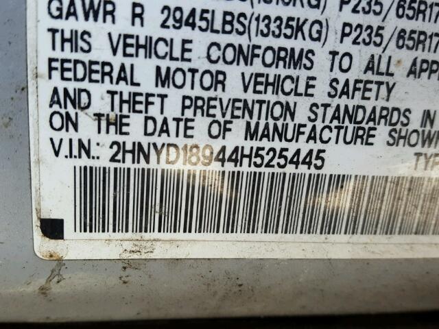 2HNYD18944H525445 - 2004 ACURA MDX TOURIN SILVER photo 10