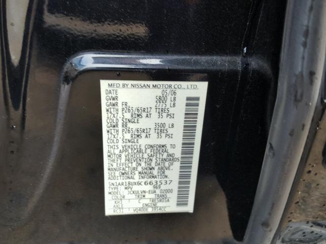 5N1AR18UX6C663537 - 2006 NISSAN PATHFINDER BLACK photo 10