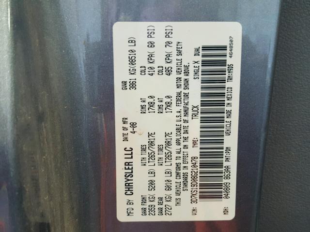 3D7KS19D08G210478 - 2008 DODGE RAM 1500 GRAY photo 10