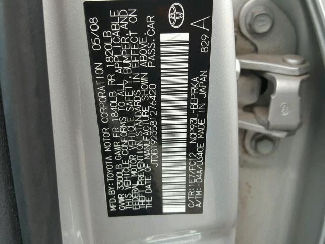 JTDBT923581276420 - 2008 TOYOTA YARIS SILVER photo 10