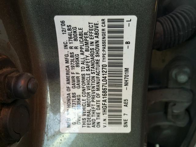 1HGFA16867L041270 - 2007 HONDA CIVIC EX CHARCOAL photo 10