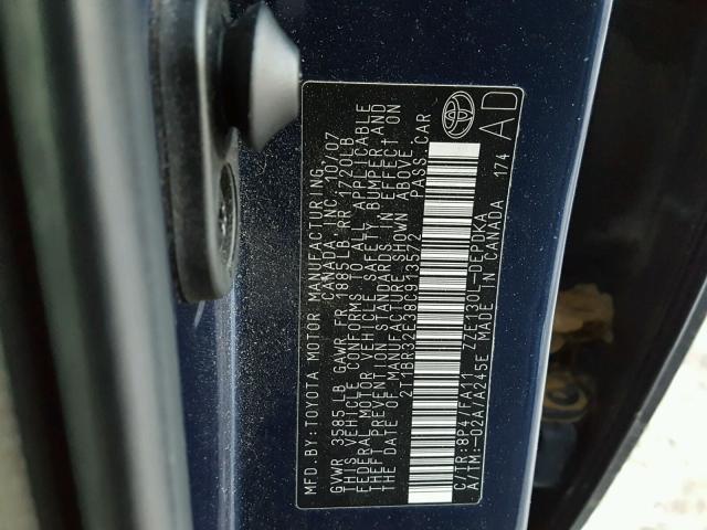 2T1BR32E38C913572 - 2008 TOYOTA COROLLA CE BLUE photo 10