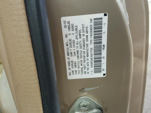 1HGCM72667A017726 - 2007 HONDA ACCORD EX GOLD photo 10