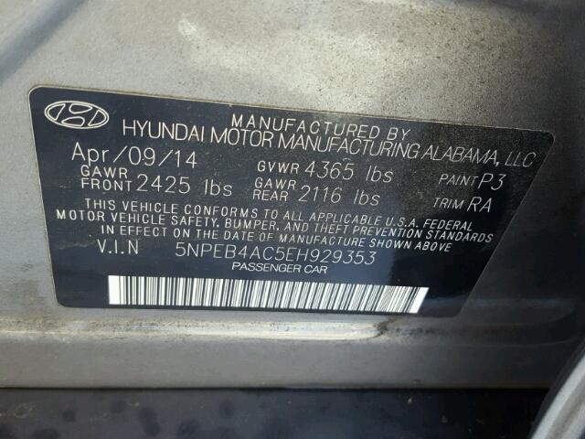 5NPEB4AC5EH929353 - 2014 HYUNDAI SONATA GLS SILVER photo 10