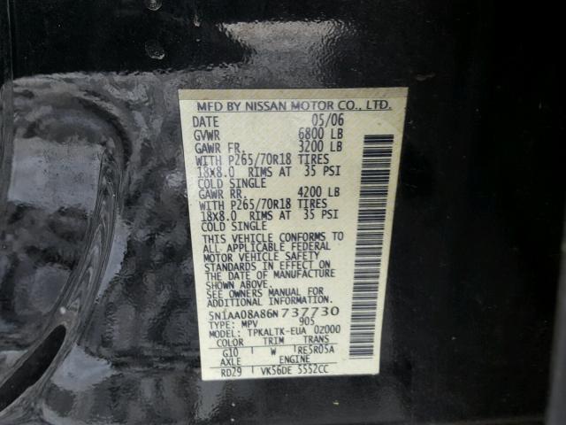 5N1AA08A86N737730 - 2006 NISSAN ARMADA SE BLACK photo 10