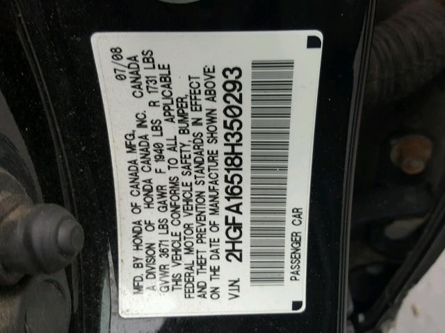 2HGFA16518H350293 - 2008 HONDA CIVIC LX BLACK photo 10