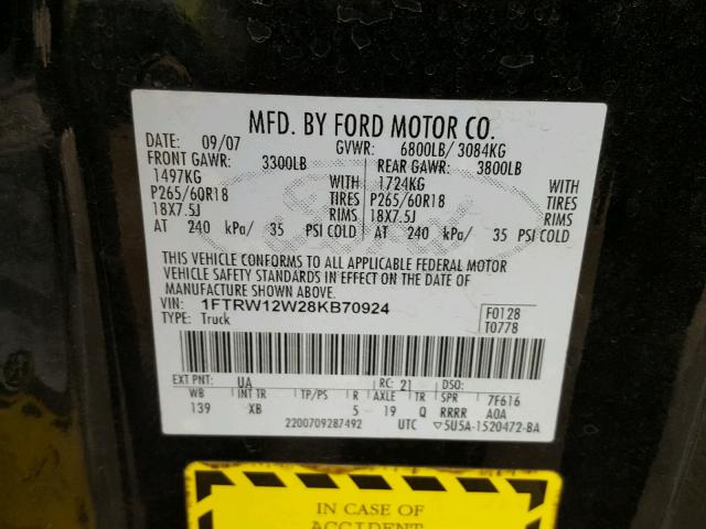 1FTRW12W28KB70924 - 2008 FORD F150 SUPER BLACK photo 10