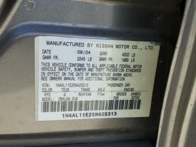 1N4AL11E25N425313 - 2005 NISSAN ALTIMA S BEIGE photo 10