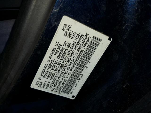 5FNRL387X5B095953 - 2005 HONDA ODYSSEY EX BLUE photo 10