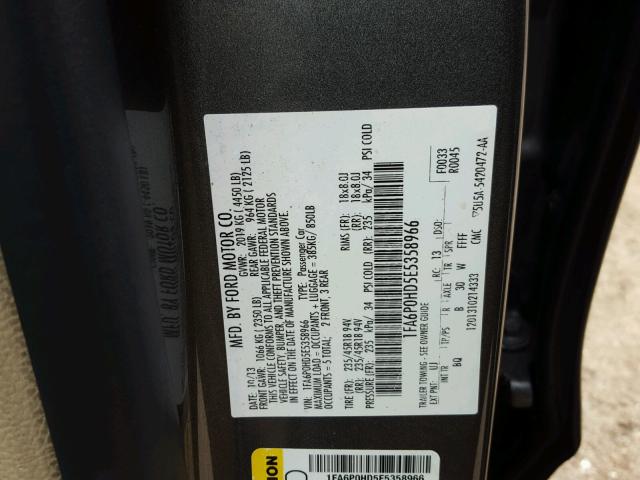 1FA6P0HD5E5358966 - 2014 FORD FUSION SE CHARCOAL photo 10