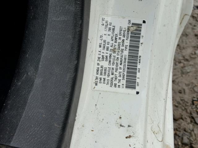 SHHEP33532U304811 - 2002 HONDA CIVIC SI WHITE photo 10