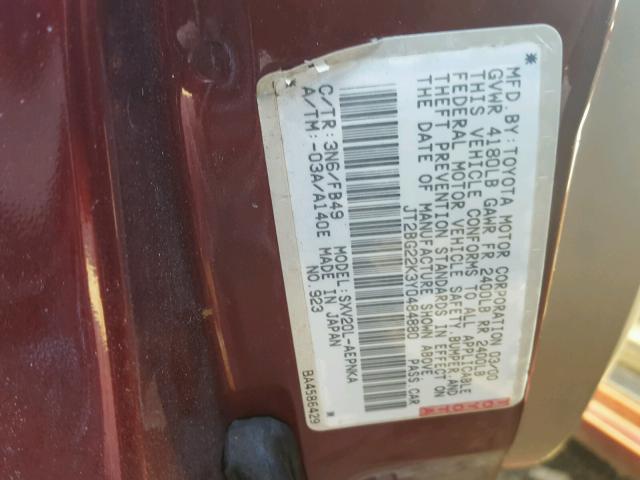 JT2BG22K3Y0484880 - 2000 TOYOTA CAMRY CE RED photo 10