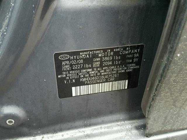 KMHDU46D18U475261 - 2008 HYUNDAI ELANTRA GL GRAY photo 10