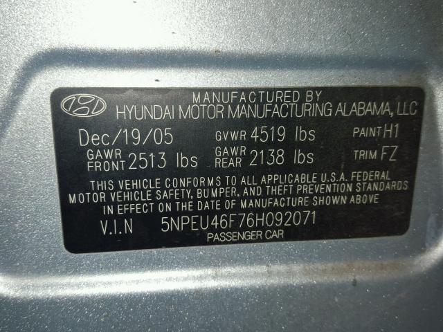 5NPEU46F76H092071 - 2006 HYUNDAI SONATA GLS SILVER photo 10