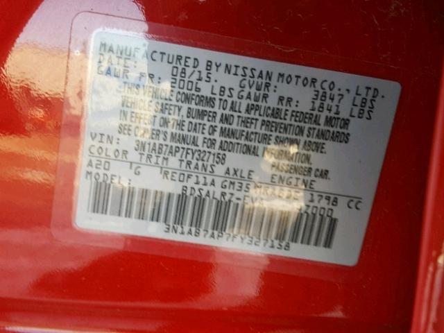 3N1AB7AP7FY327158 - 2015 NISSAN SENTRA S RED photo 10