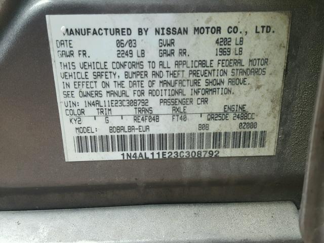 1N4AL11E23C308792 - 2003 NISSAN ALTIMA BAS GRAY photo 10