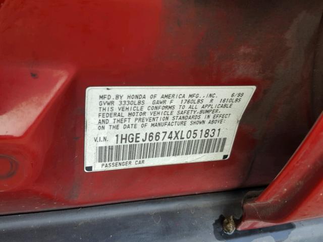 1HGEJ6674XL051831 - 1999 HONDA CIVIC LX RED photo 10