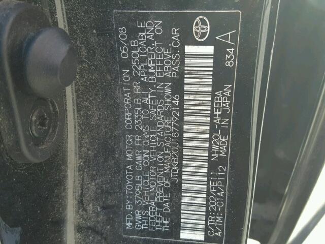 JTDKB20U187792146 - 2008 TOYOTA PRIUS BLACK photo 10