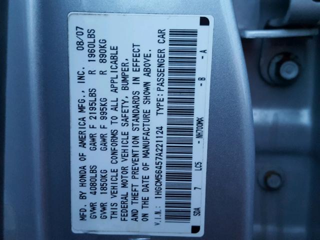 1HGCM56457A221124 - 2007 HONDA ACCORD LX SILVER photo 10